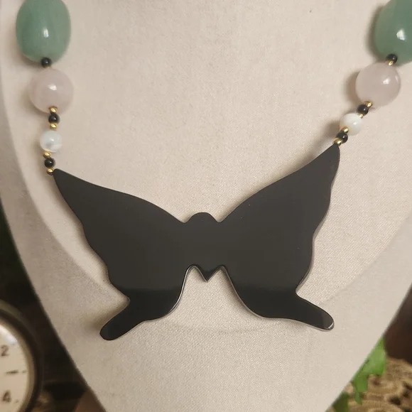 Lee Sands Vintage Inlay Elegant Butterfly Necklace with Pink and Green Accents - Picture 4 of 10